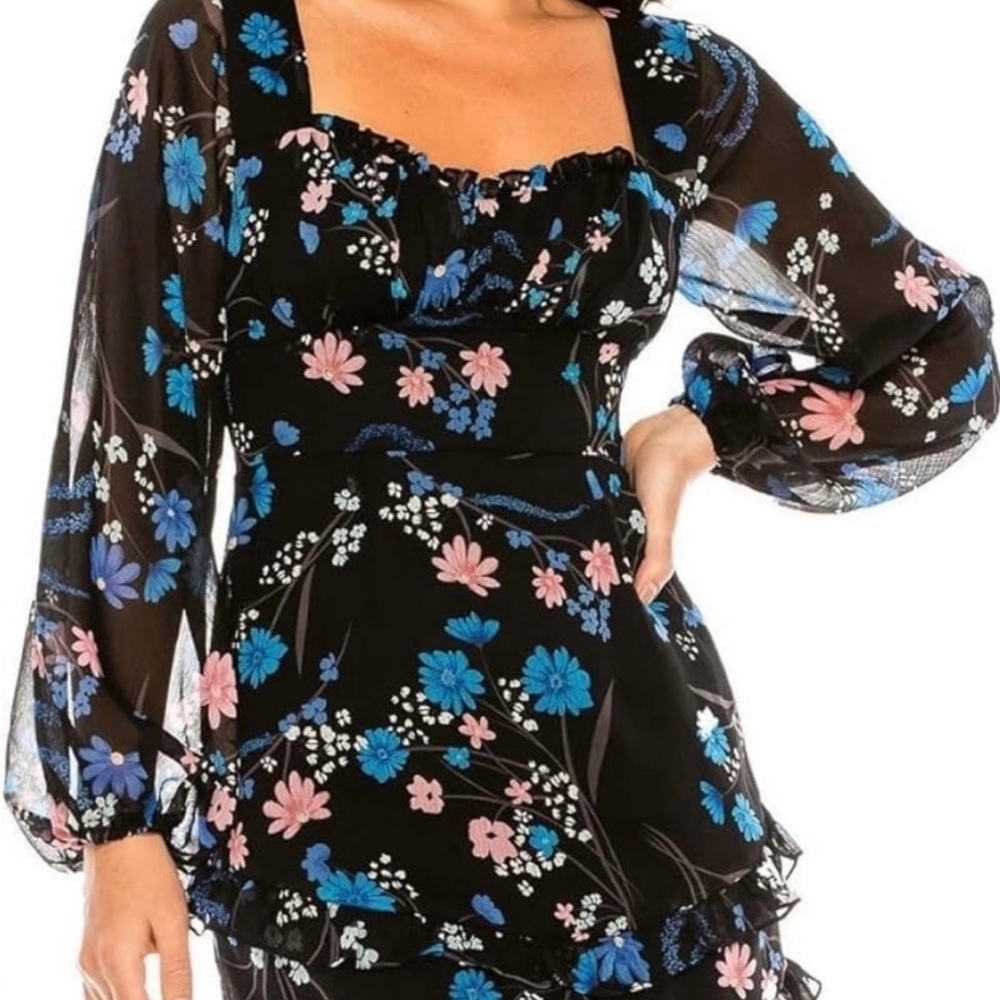 B Darlin Black Dress with Blue and Pink Floral Design